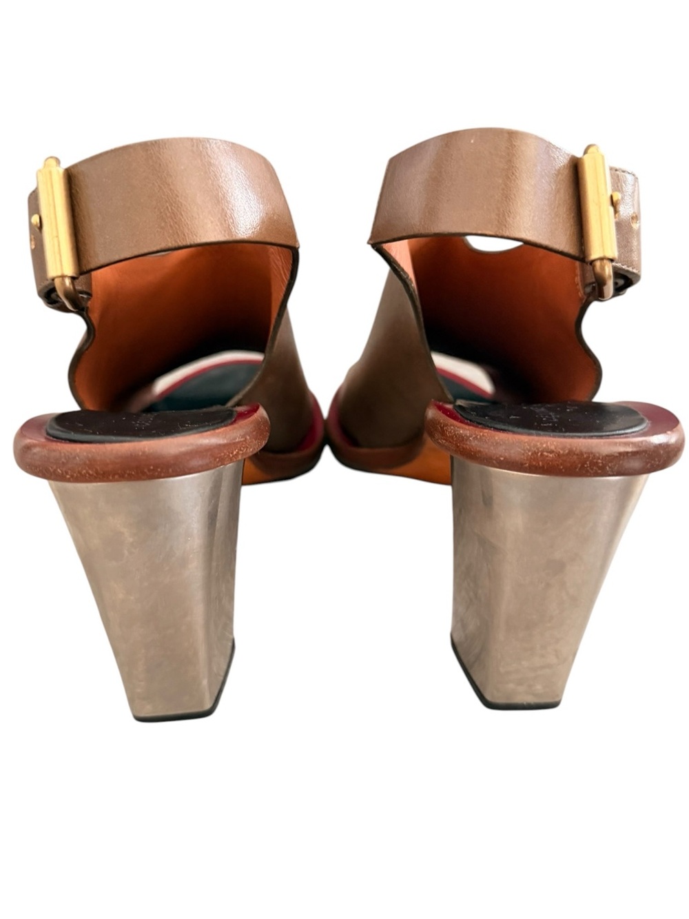 Celine Brown Leather Sandals with Red Trim and Gold Buckle - Picture 2 of 6